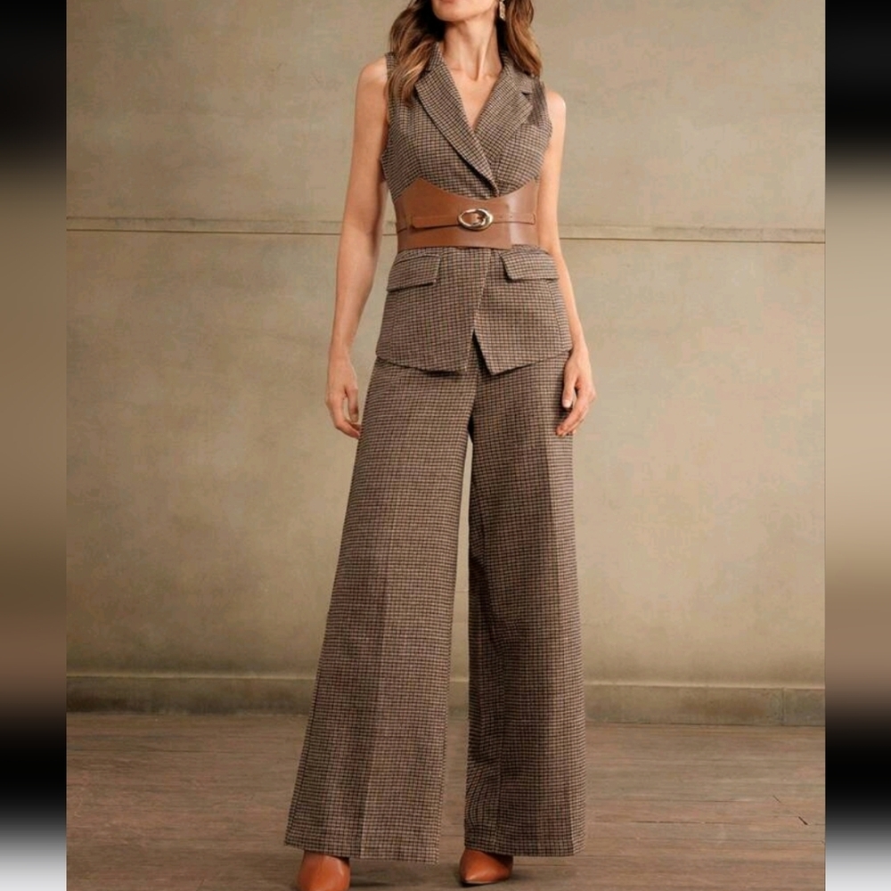 2pcs/Set Women's Sleeveless Blazer With Metal Buckle Waist Belt & Trouse
